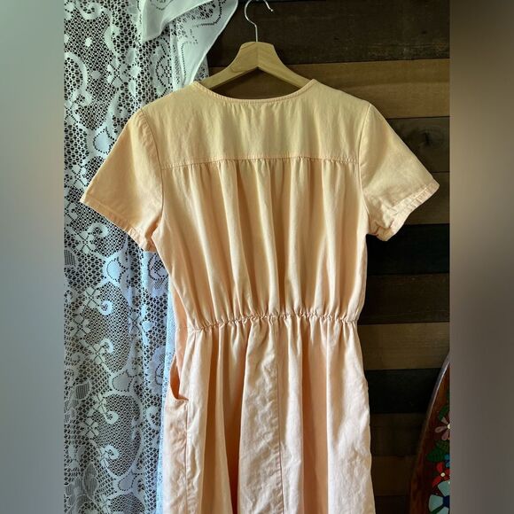 Vintage 90s FADS Peach Short Sleeve Cotton Button Down Dress with Pockets - Picture 3 of 8